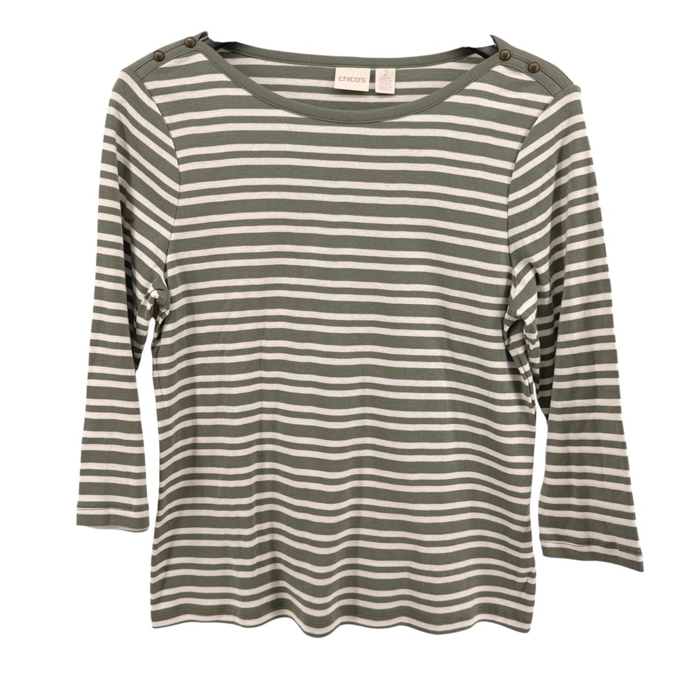 Chico's Striped Top Womens 2/Large Pre-Owned 3/4 Sleeve Green Button‎ Shoulder